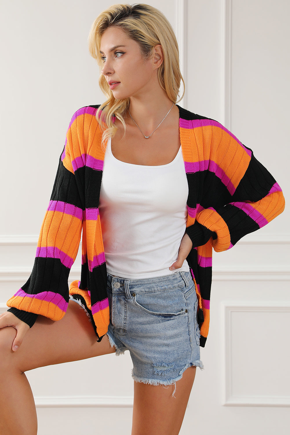 Striped Colorblock Drop Shoulder Slouchy Cardigan