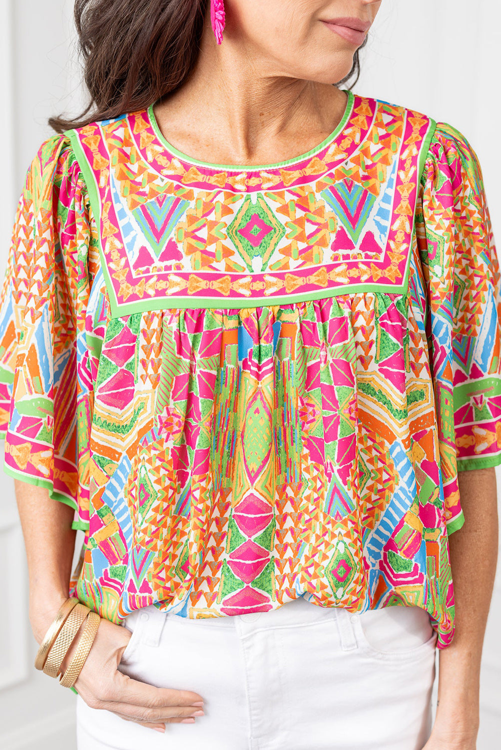 Geometric Bell Sleeve Babydoll Blouse