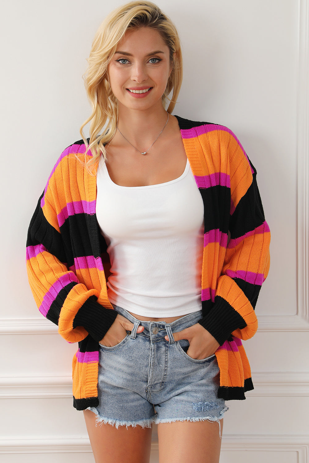 Striped Colorblock Drop Shoulder Slouchy Cardigan