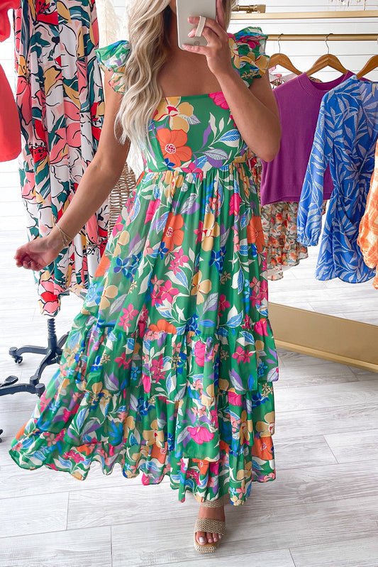 Floral Print Sleeveless Ruffle Tiered Maxi Dress