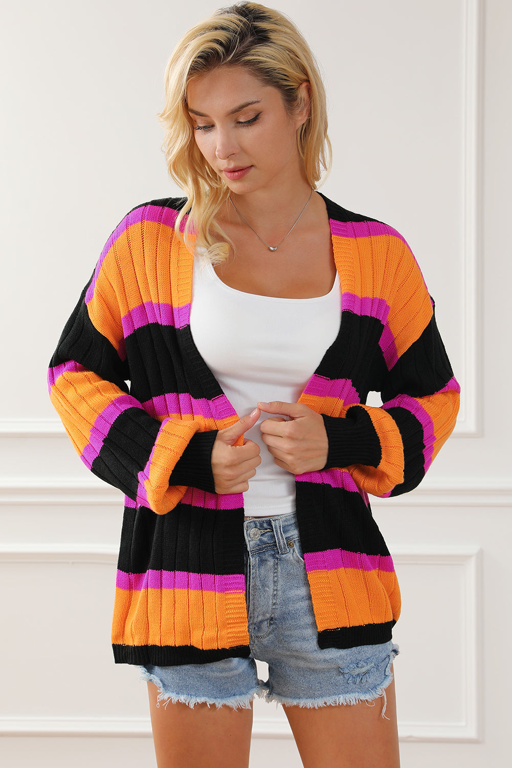 Striped Colorblock Drop Shoulder Slouchy Cardigan