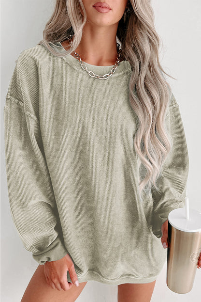 Solid Ribbed Knit Round Neck Pullover Sweatshirt