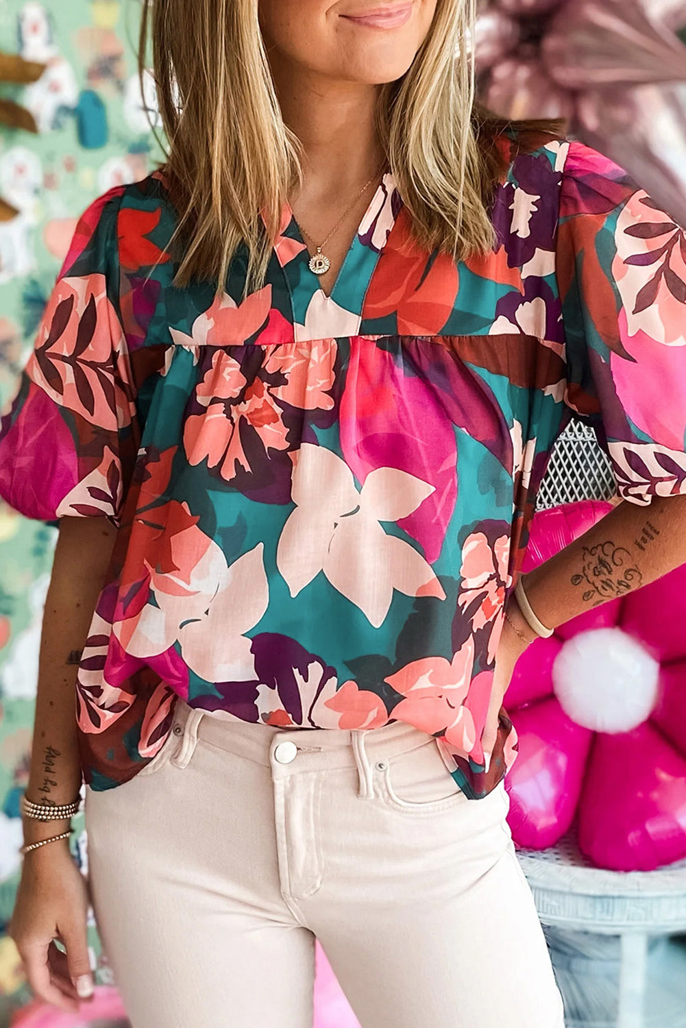 Floral Print Puff Sleeve Notched Blouse