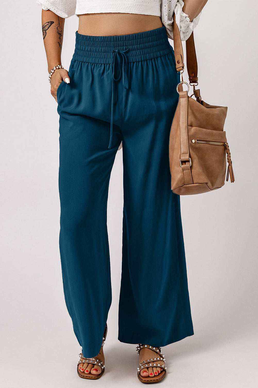 Drawstring Elastic Waist Wide Leg Pants