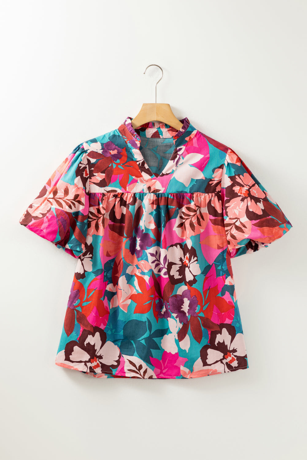 Floral Print Puff Sleeve Notched Blouse