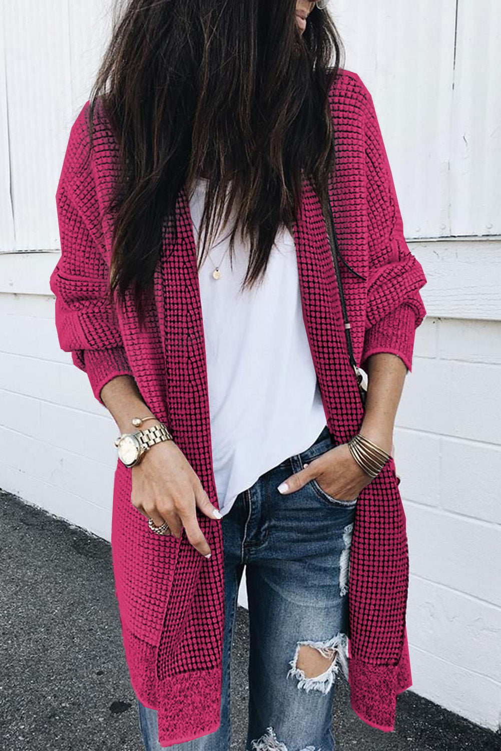 Plaid Knitted Long Open Front Cardigan