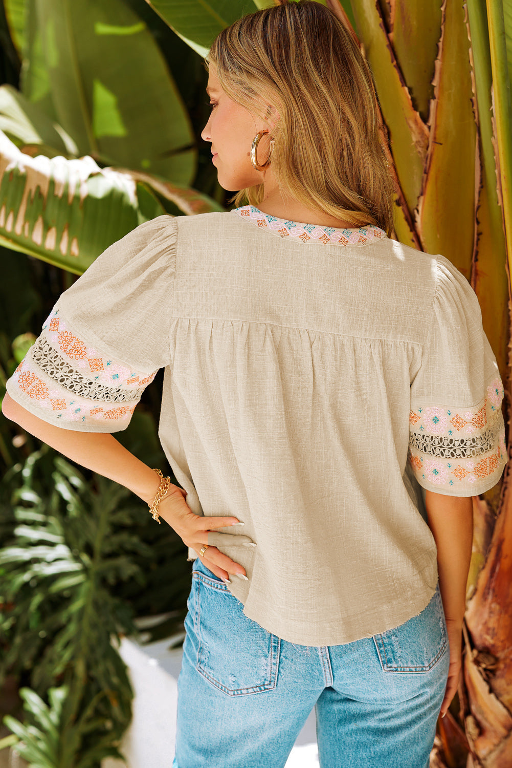 Tassel Drawstring Embroidered Sleeve Top