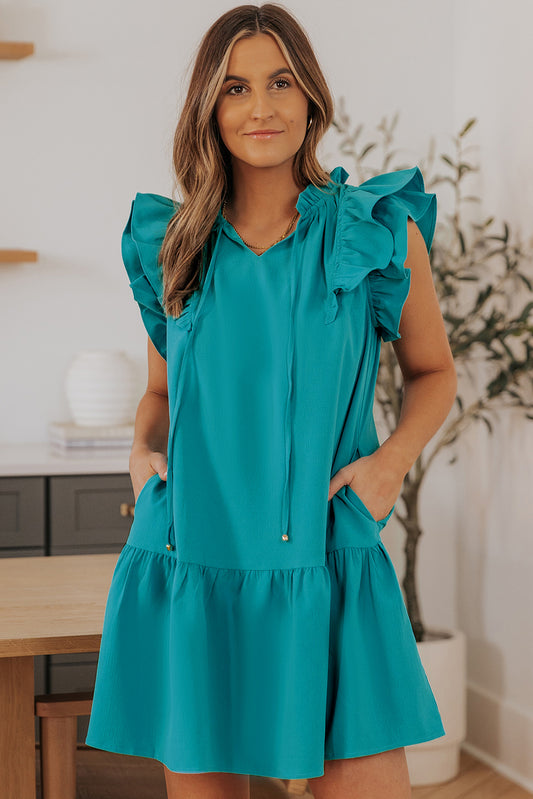 V Neck Flutter Trim Dress