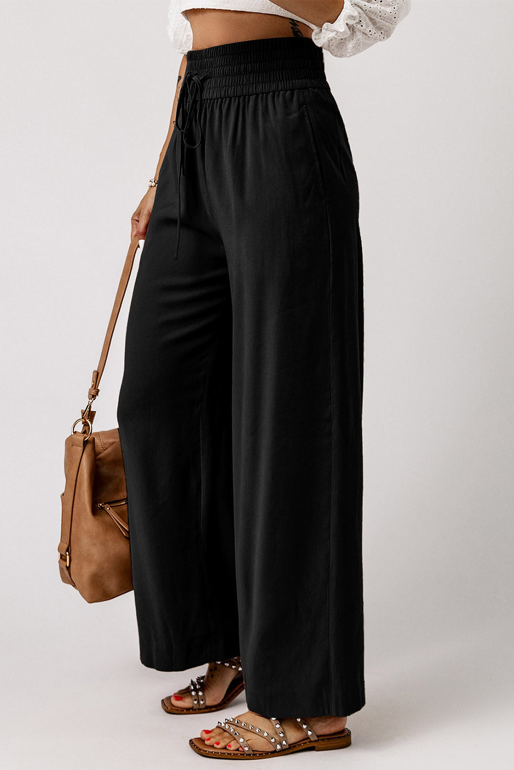 Drawstring Elastic Waist Wide Leg Pants