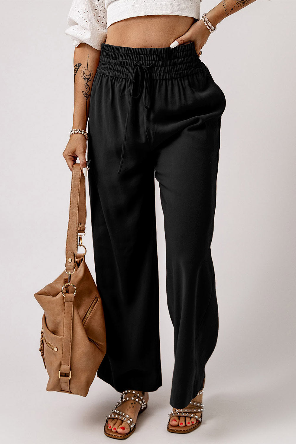 Drawstring Elastic Waist Wide Leg Pants