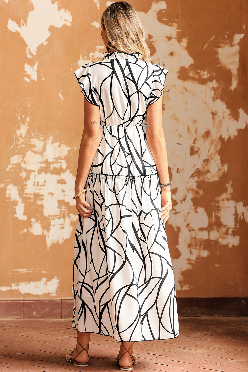 Abstract Print V Neck Ruffle Maxi Dress