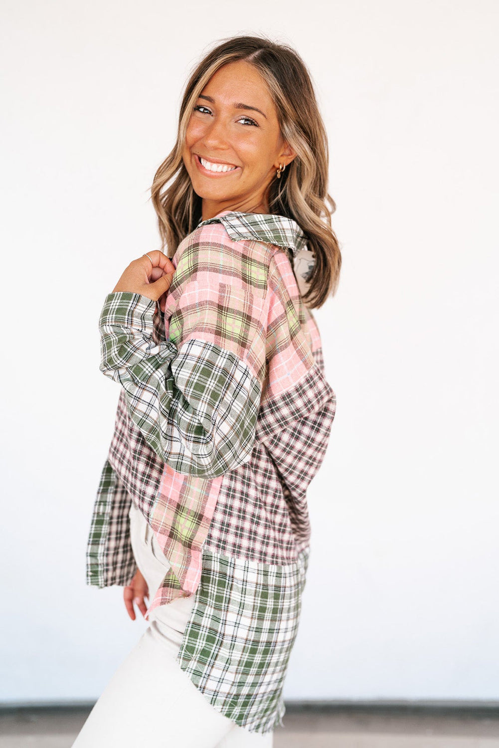 Plaid Patchwork High Low Oversized Shirt