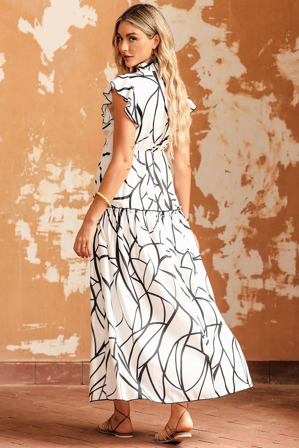 Abstract Print V Neck Ruffle Maxi Dress