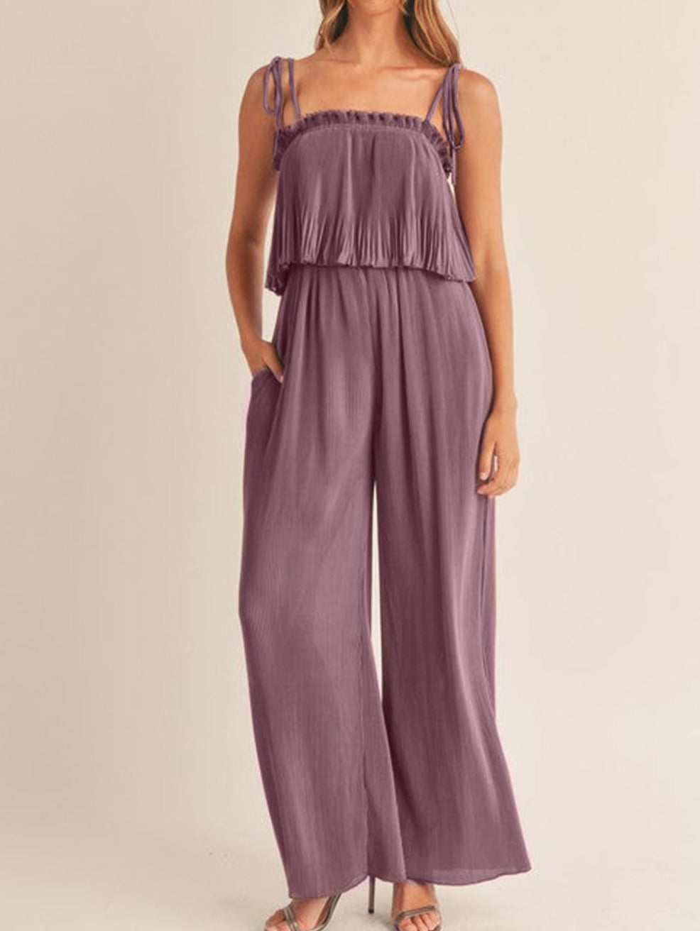 Self Tied Straps Pleated Wide Leg Jumpsuit