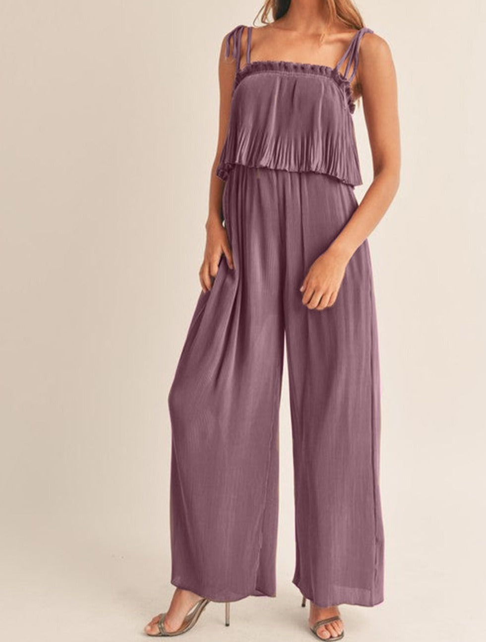 Self Tied Straps Pleated Wide Leg Jumpsuit