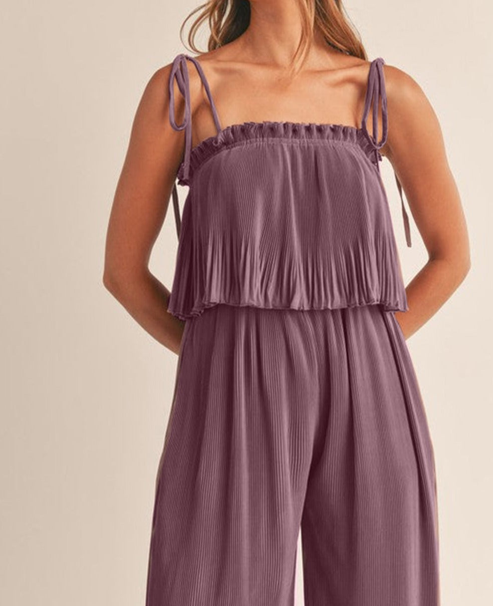 Self Tied Straps Pleated Wide Leg Jumpsuit