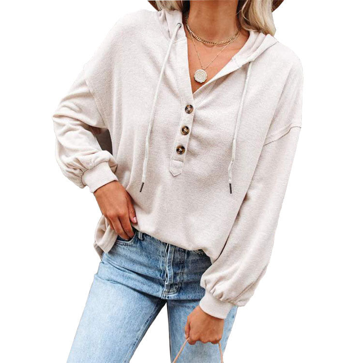 Button Hood Casual Solid Sweatshirt