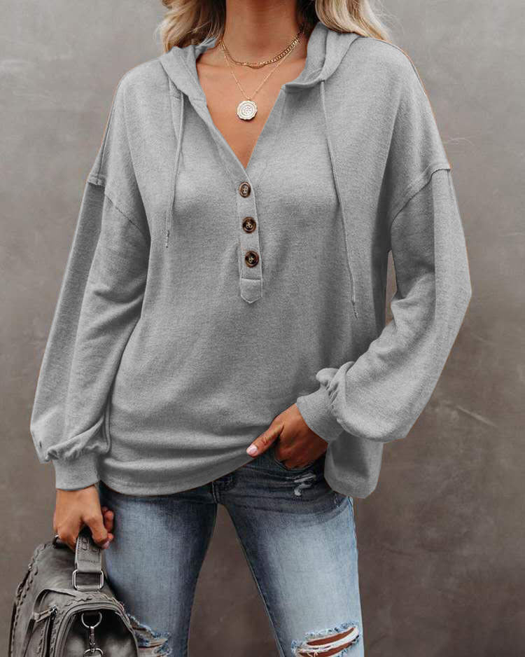 Button Hood Casual Solid Sweatshirt