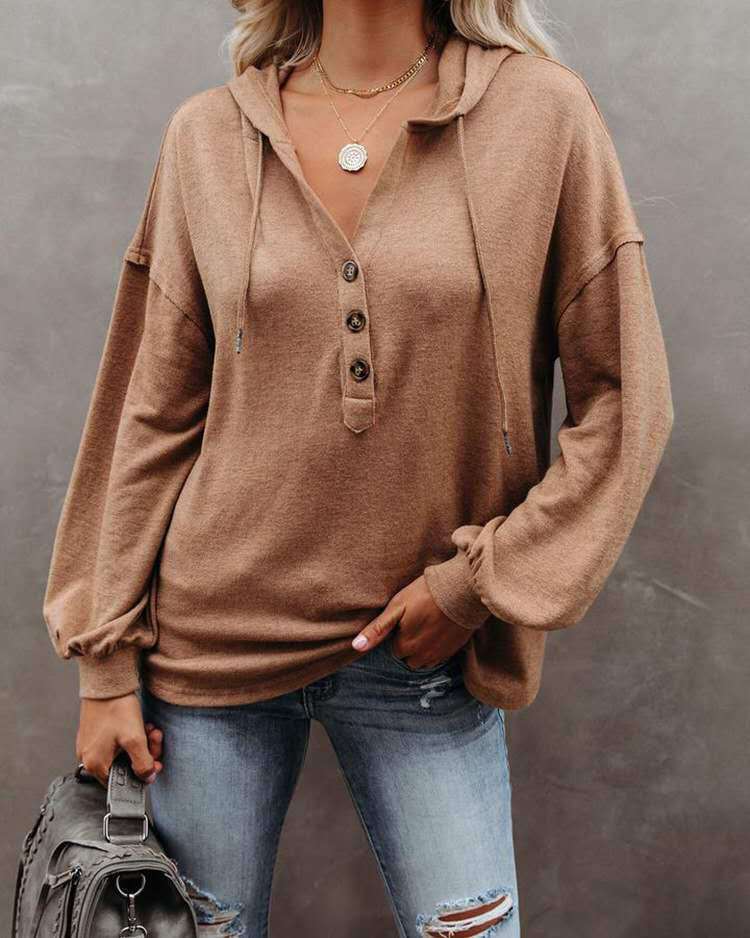 Button Hood Casual Solid Sweatshirt