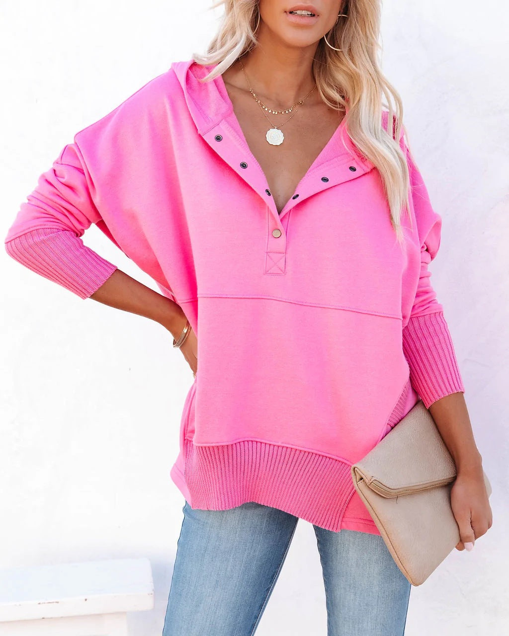 Multicolor V-Neck Dolman Sleeve Hoodie