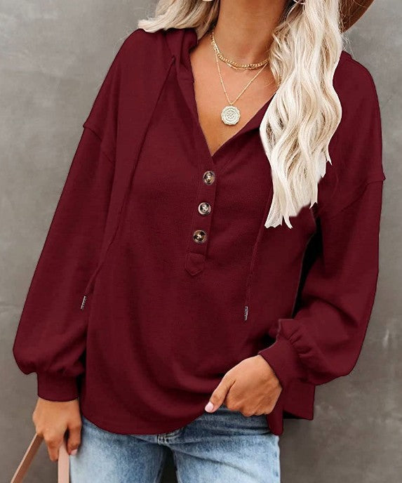 Button Hood Casual Solid Sweatshirt