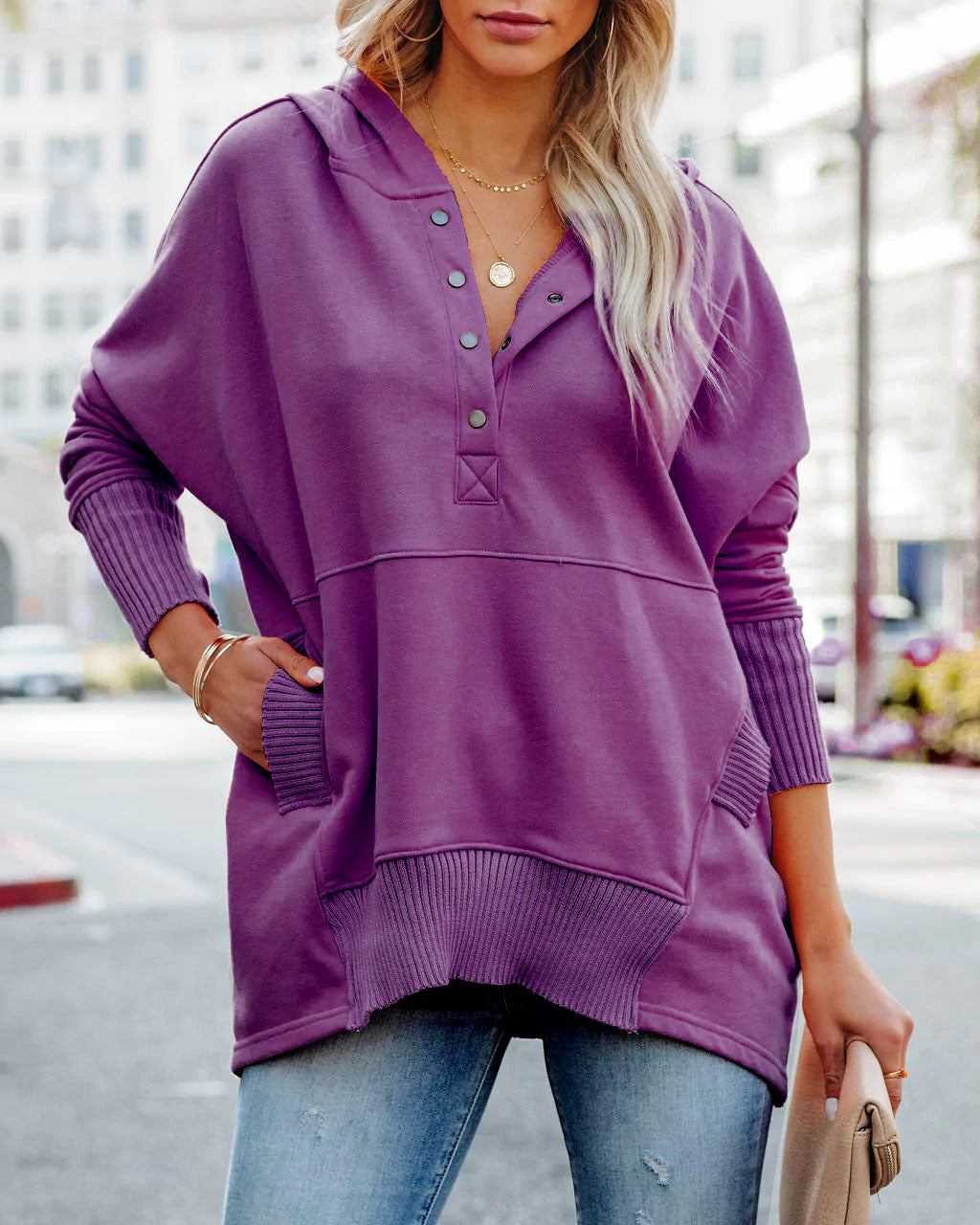 Multicolor V-Neck Dolman Sleeve Hoodie