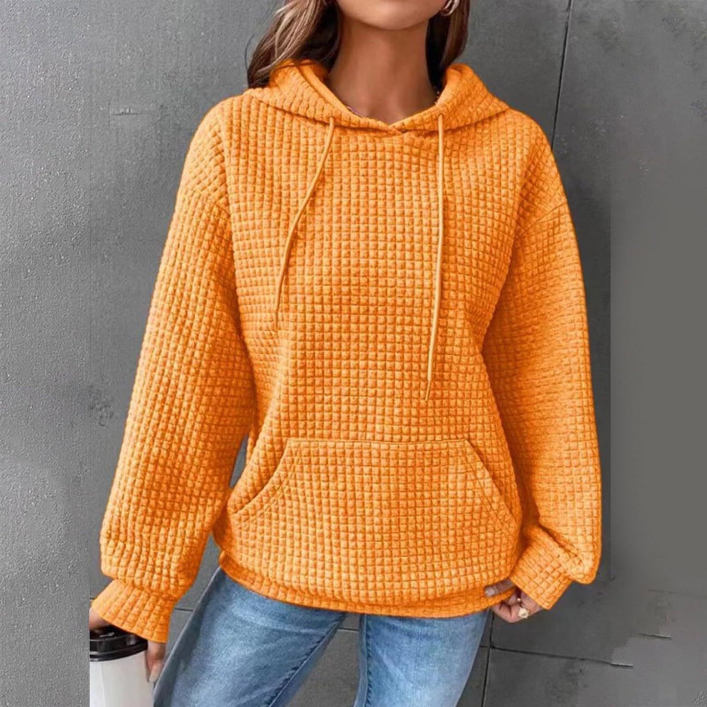 Waffle Hooded Long-sleeved Sweatshirt