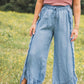 Wash Raw Hem Ruffled Wide Leg Jeans