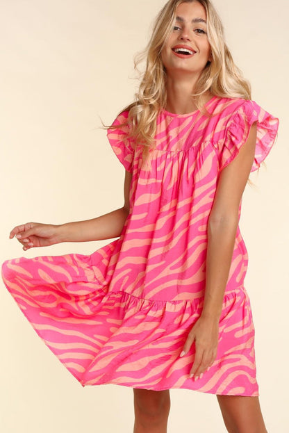 Stripe Printed Ruffle Trim Pocketed Dress