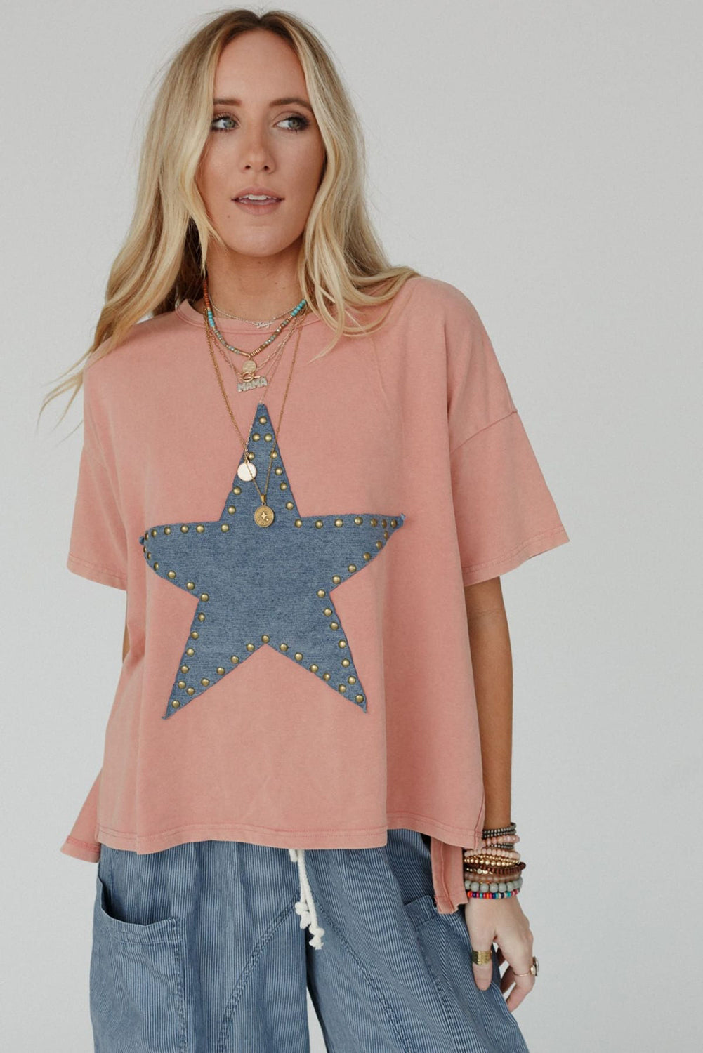 Mineral Wash Studded Star Patch Tee