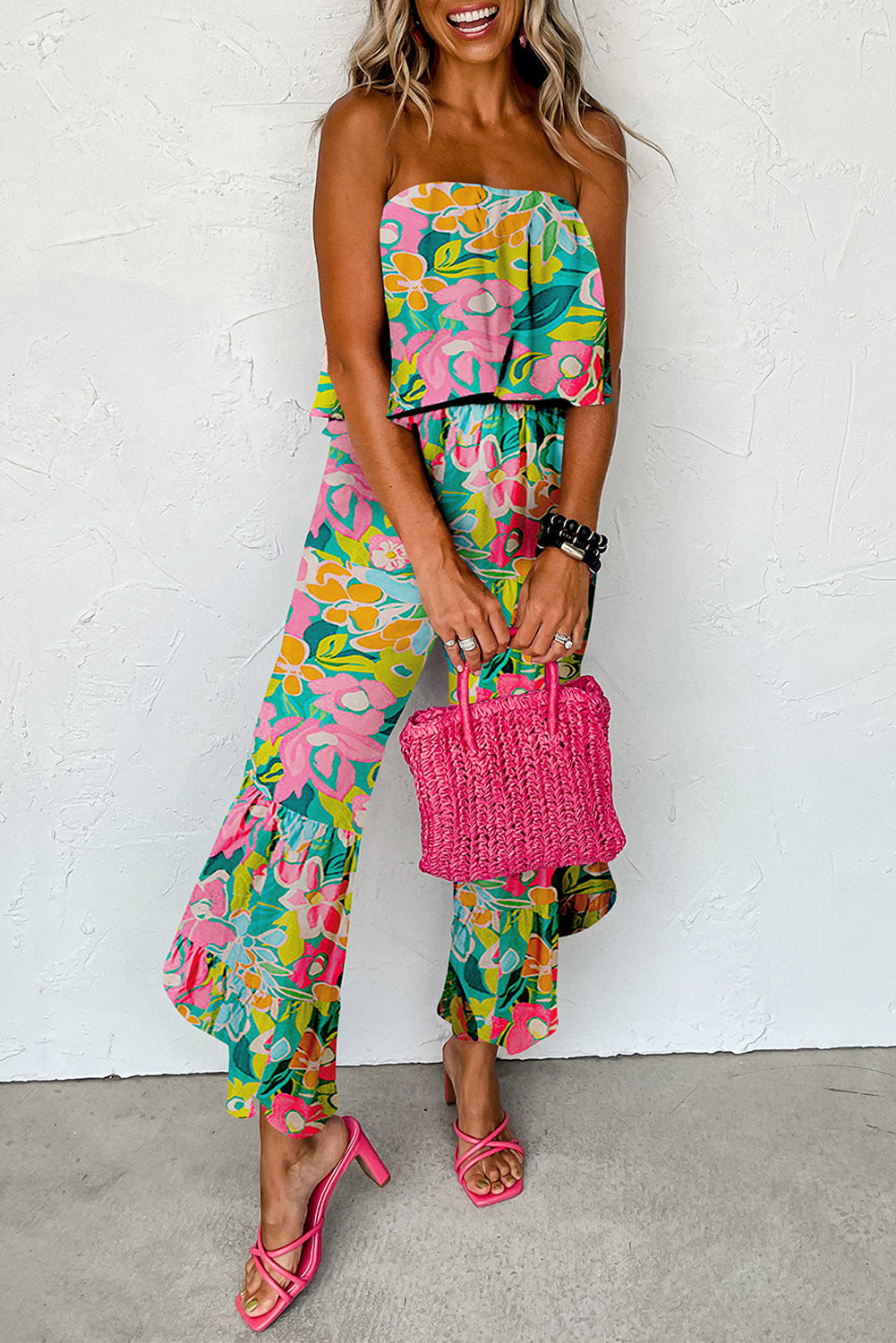 Mix Tropical Strapless Ruffled Jumpsuit