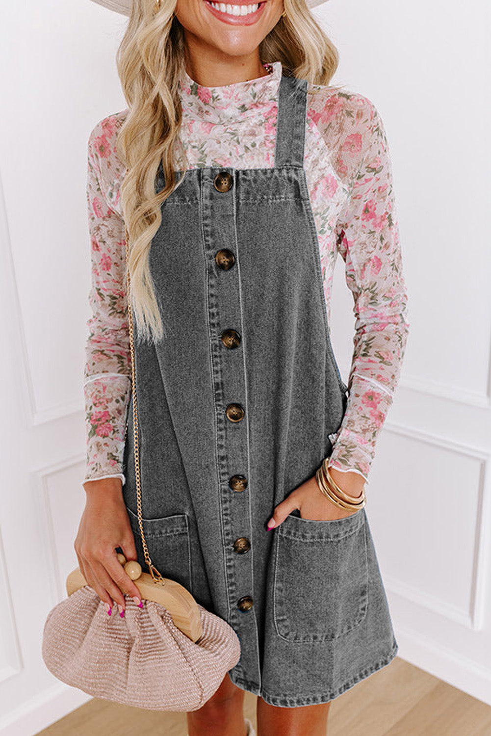 Front Button Pocketed Denim Dress