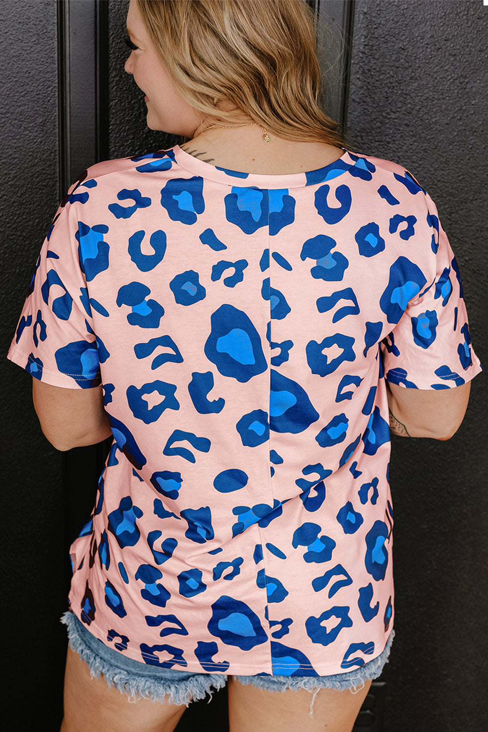 Plus Size Pink Leopard Print V Neck Tee