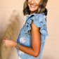 Sequin Flower/Baseball Ruffled Sleeve Frayed Denim Top