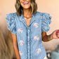 Sequin Flower/Baseball Ruffled Sleeve Frayed Denim Top