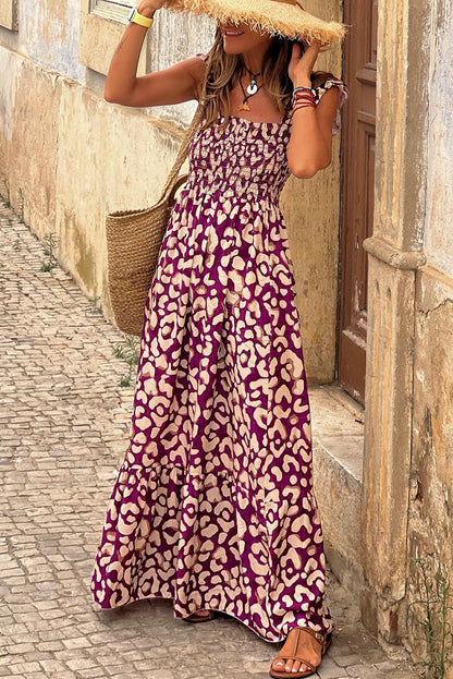 Leopard Ruffle Straps Smocked Ｍaxi Dress