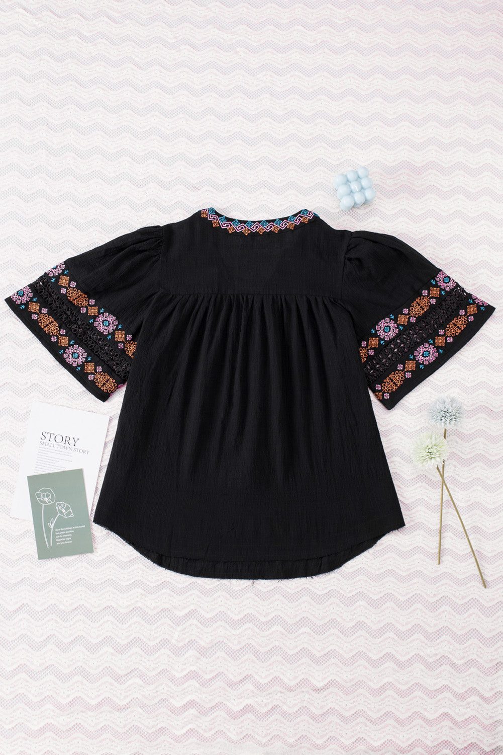 Tassel Drawstring Embroidered Sleeve Top