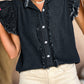 Button Front Ruffled Flutter Frayed Denim Top