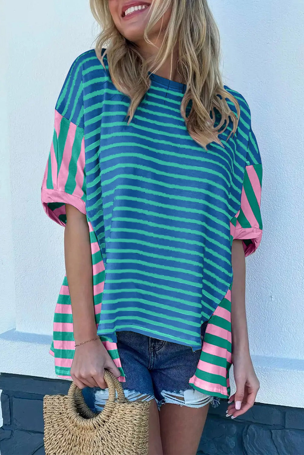 (Blue Pre order/7.5)Stripe Colorblock Patchwork Baggy Tee