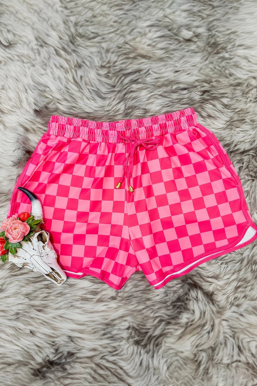 (Pink Pre order/7.21)Checkered Drawstring Elastic Waist Shorts