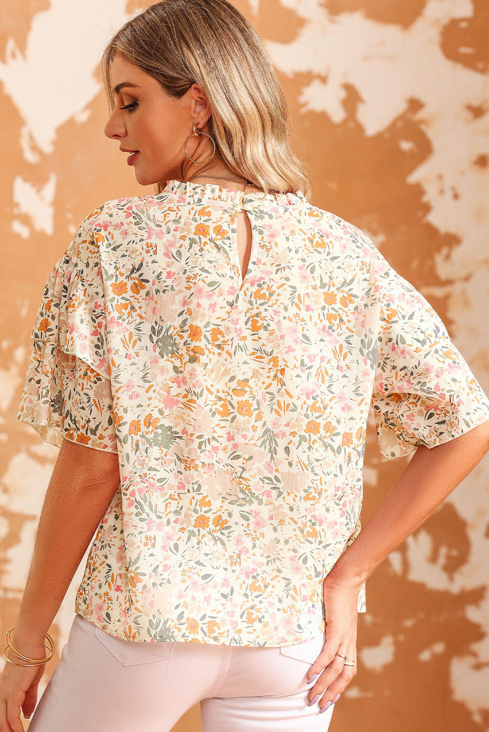 Floral Print Ruffle Sleeves Cutout Top