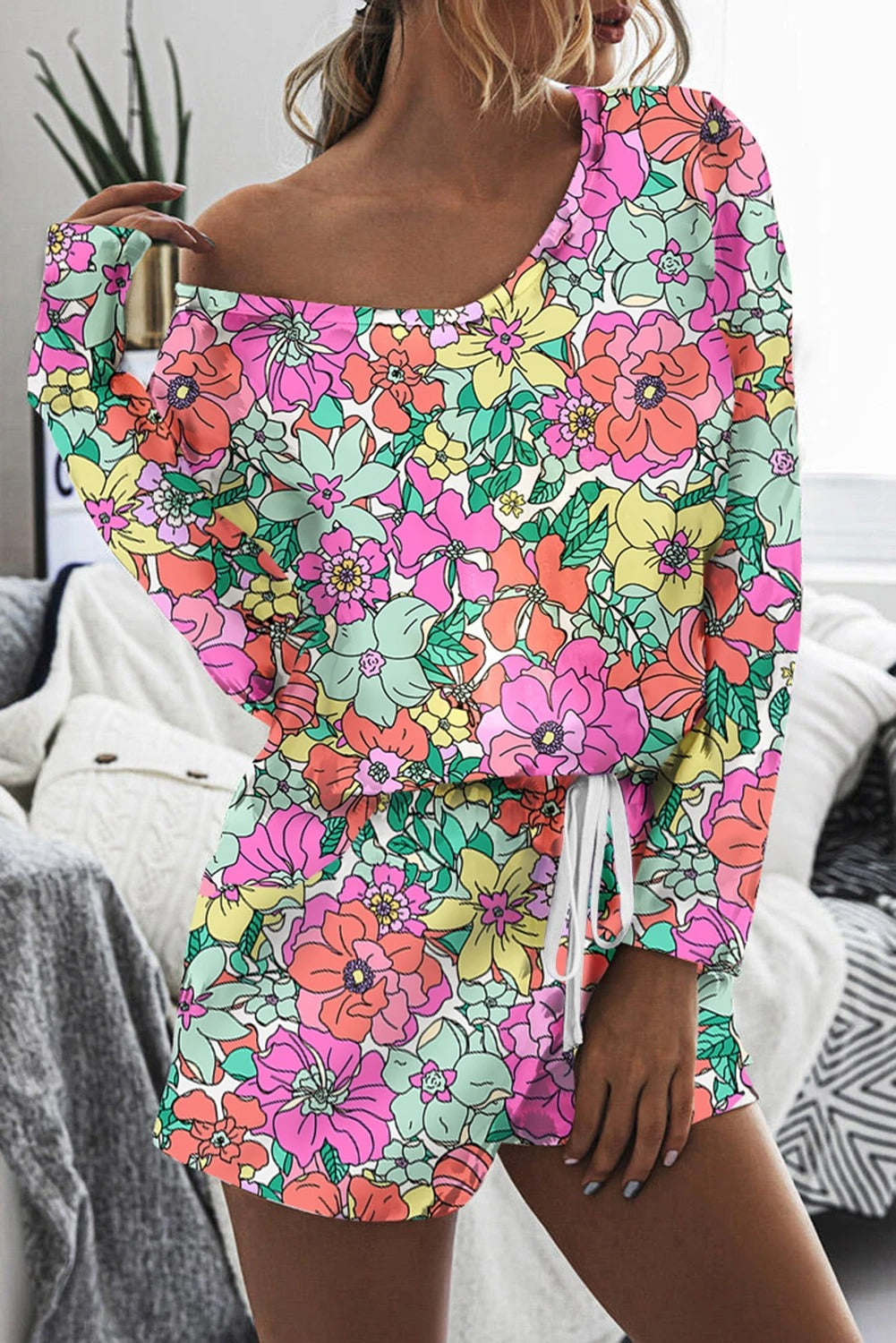 Flower Pullover and Drawstring Shorts Lounge Set