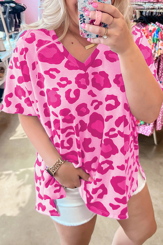 Plus Size Pink Leopard Print V Neck Tee