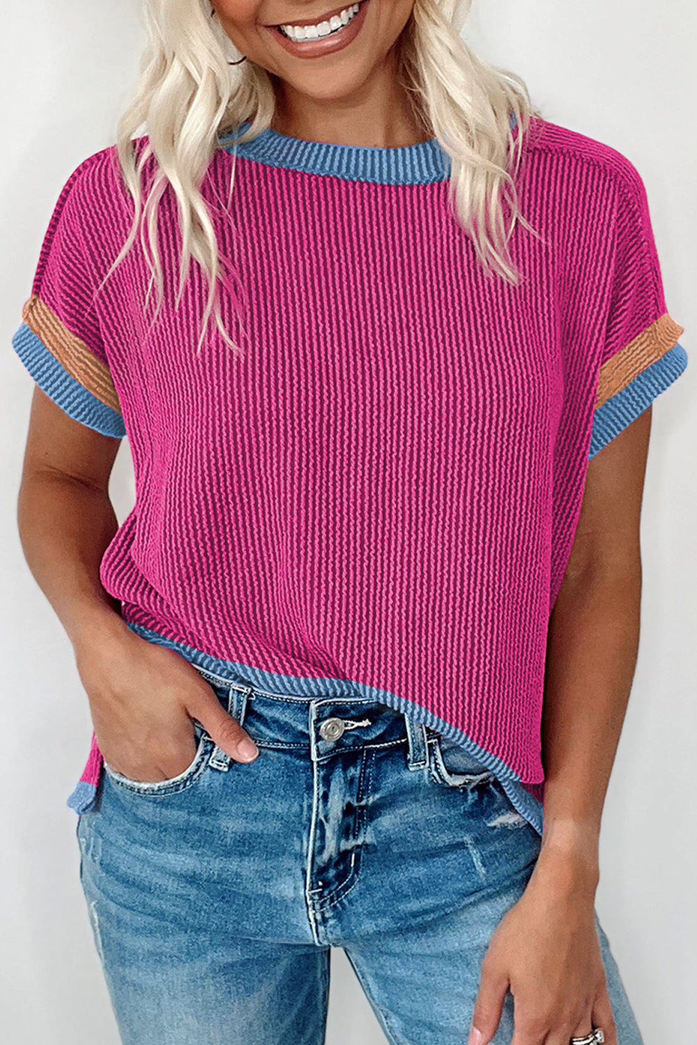 Ribbed Contrast Trim Round Neck T Shirt