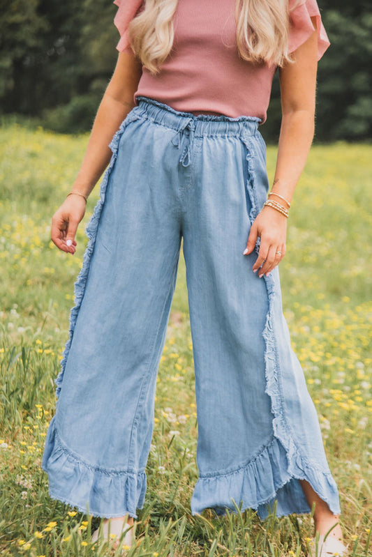 Wash Raw Hem Ruffled Wide Leg Jeans