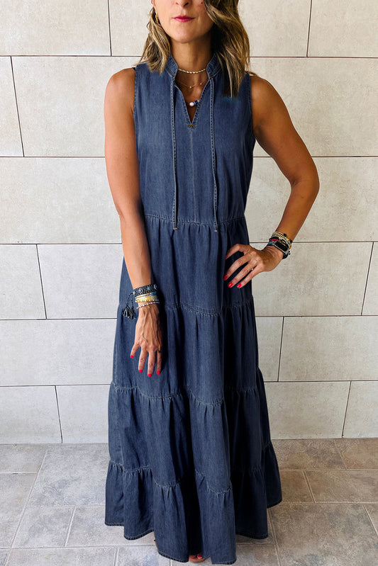 Sleeveless Tiered Chambray Maxi Dress