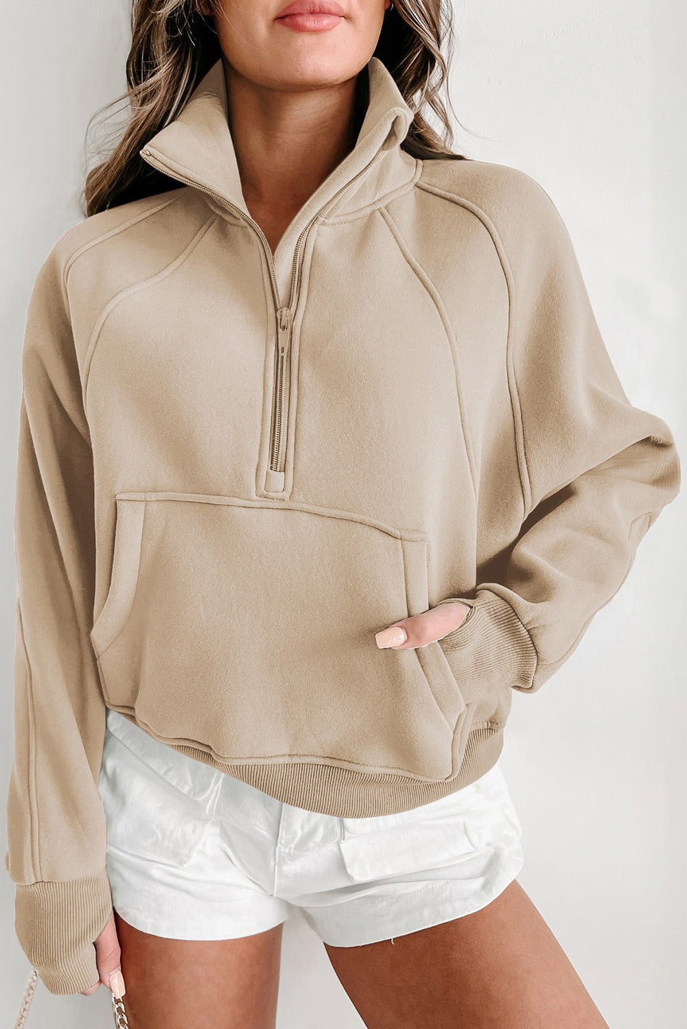 Zip Up Stand Collar Thumbhole Sleeve Sweatshirt