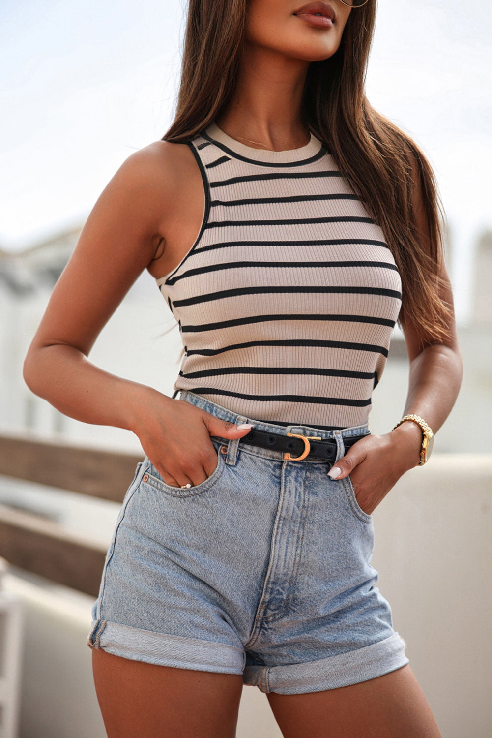 Striped Ribbed O-neck Sleeveless Top