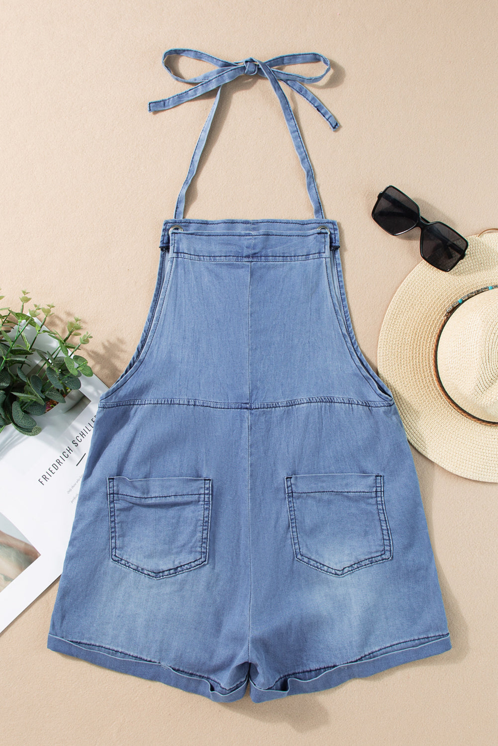 Grommet Tie Straps Casual Denim Romper