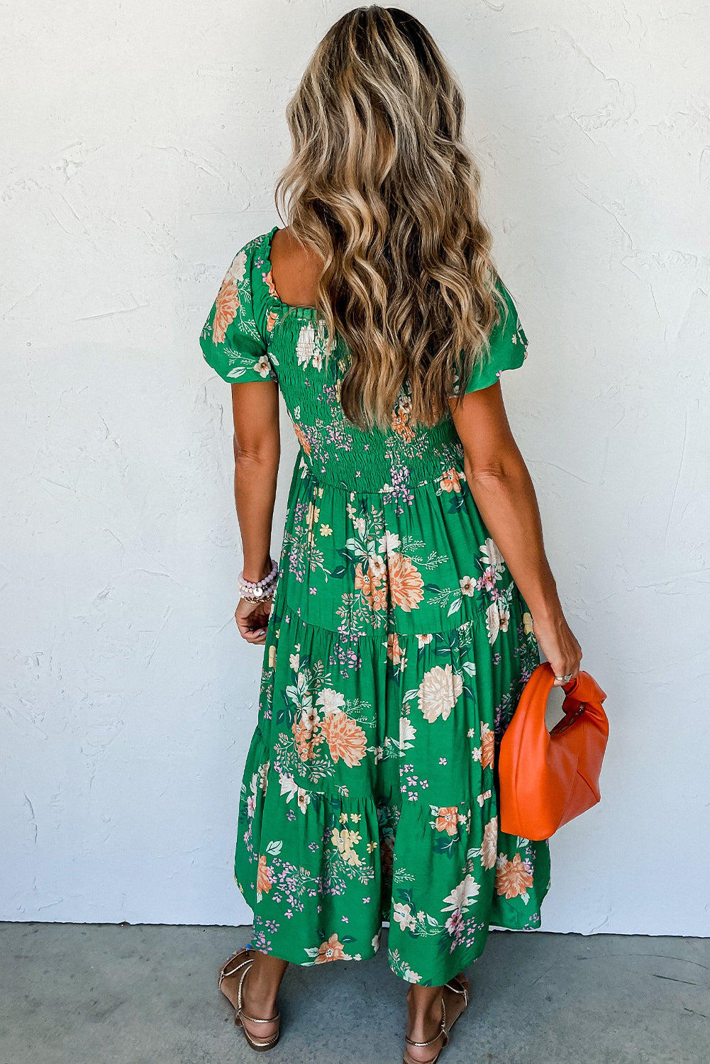 Floral  Bubble Sleeve Smocked Tiered Midi Dress